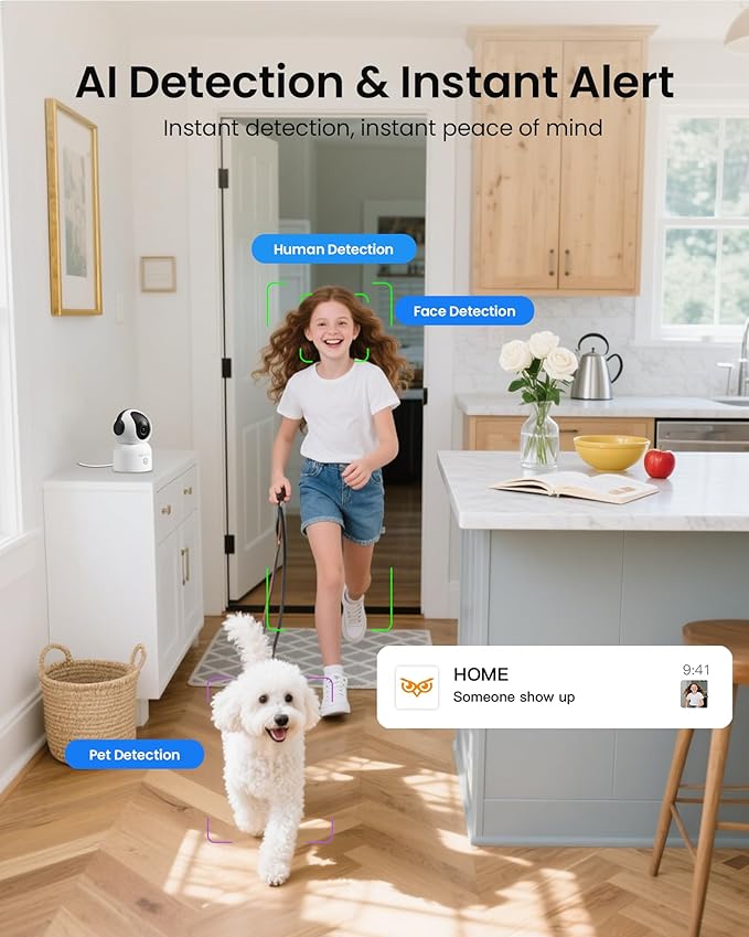 4K 8MP WiFi Camera, 4K 8MP 360°Pan/Tilt Indoor Camera, 2-Way Talk, One-Touch Calling, Full-Color Night Vision in Low Light, Smart AI Detection, Auto Tracking, for Kids/Elderly/Pets, Black