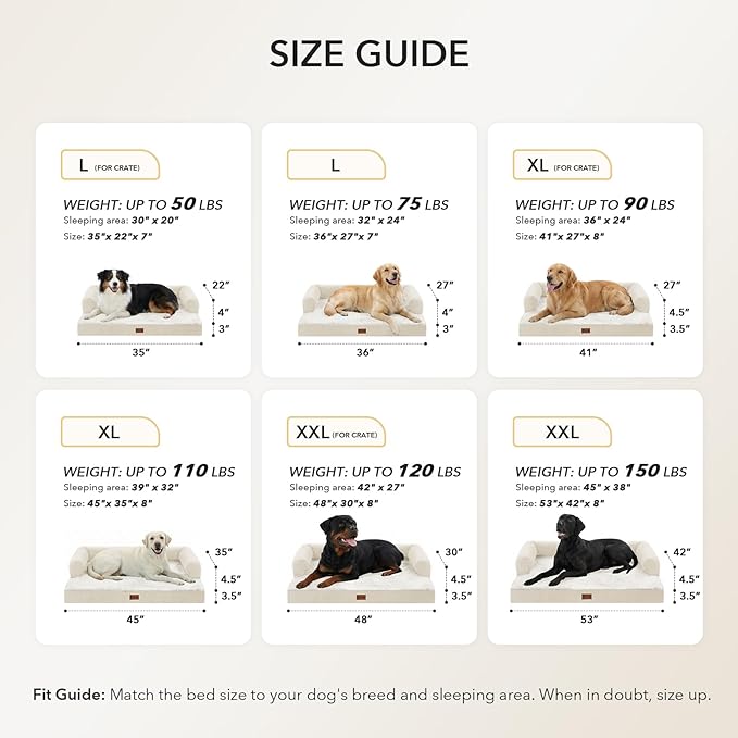 Orthopedic Dog Beds for Extra Large Dogs, Waterproof Egg Crate Foam XL Dog Bed with Sides 45x35Inch, Big Dogs Couch Beds with Removable Washable Cover and Nonskid Bottom, Beige