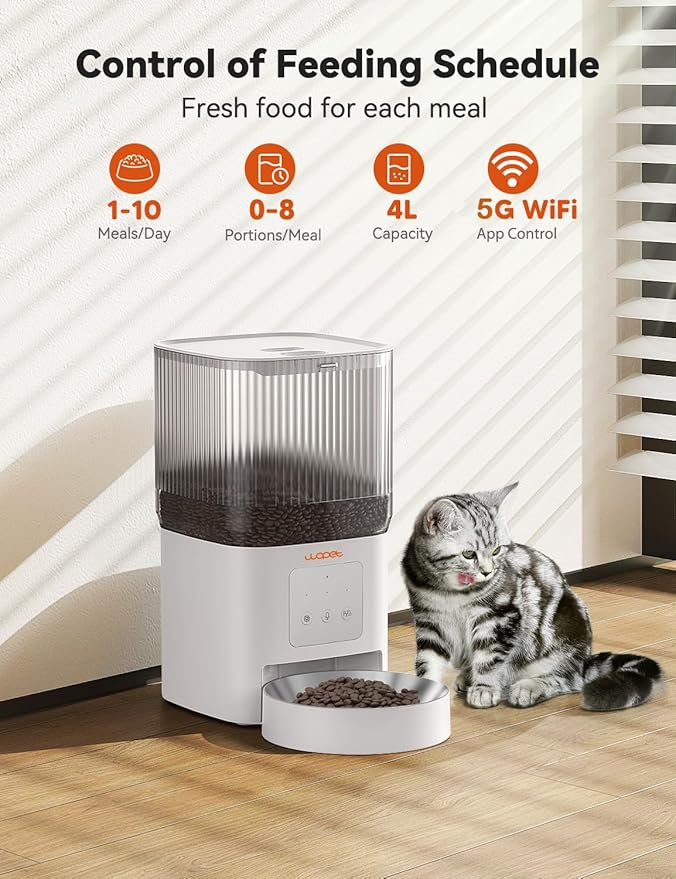 WOPET Automatic Cat Feeder, 5G WiFi Automatic Dog Feeder with APP Control for Remote Feeding, Cat Food Dispenser with Low Food Sensor and Voice Recorder,Up to 10 Meals Per Day for Cats and Dogs