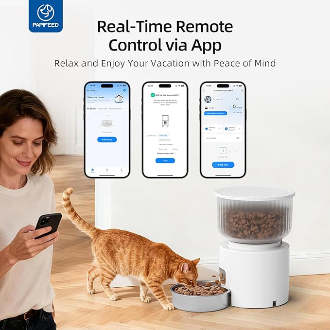 PAPIFEED Automatic Cat Feeder and Water Fountain, 3L/12 Cups 2.4G WiFi Pet Feeder with Stainless Steel Bowl, Smart APP Control for Remote Feeding, 1-12 Meals Per Day, Detachable for Easy Clean (White)
