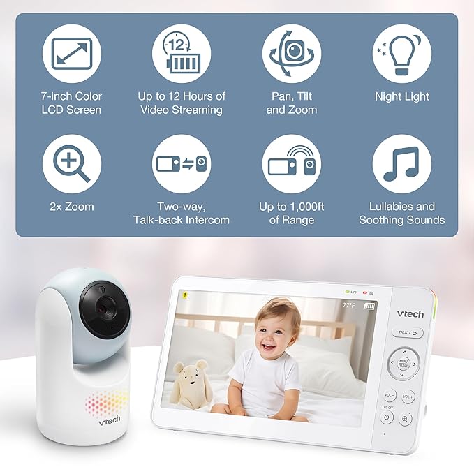 VTech Video Baby Monitor with 7" Color LCD Screen, Rechargeable Battery, Video Streaming, Audio Streaming, Pan-Tilt-Zoom, Touch Multi-Color Night Light, Two-Way Talk, Long Range: Advanced Max Blue