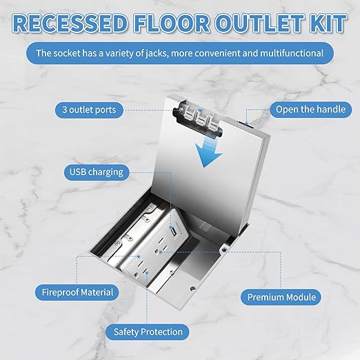 Vagueior Recessed Flat Hidden Floor Electrical Outlet Kit,Hidden Duplex 15A Tamper-Resistant Receptacle Outlet and 2.1A USB Port，Waterproof Electrical Outlet Covcer Box,Silver