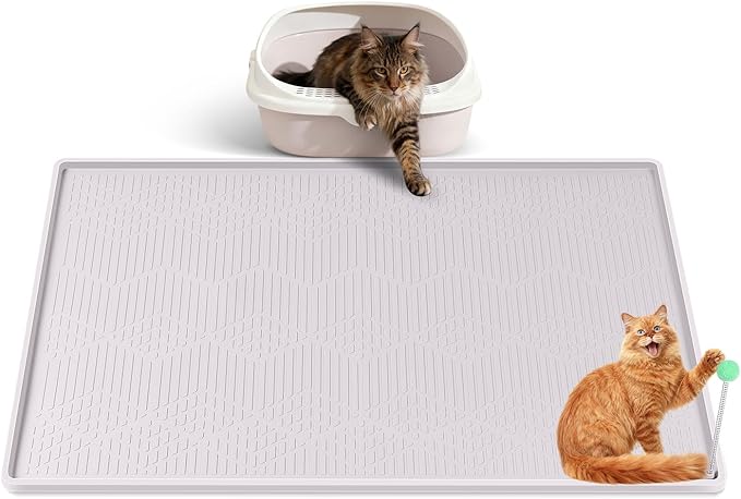 Large Cat Litter Mat with Toy Ball, 34'' x 22'' Silicone Cat Litter Trapping Mat for Scatter Control, Soft on Kitty Paws, Easy to Clean (White)