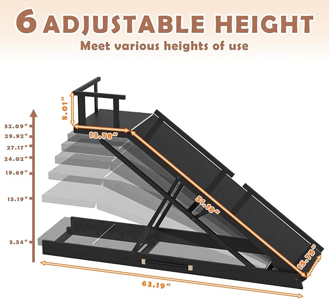 65" Foldable Dog Ramp for Bed, 6 Level（13"-32"） Heavy Duty Adjustable Dog Ramp for Car Pet Ramp with EVA Non-Slip Surface, Rest Platform & Glow Strips for Large Dogs up to 200Lbs (Black)