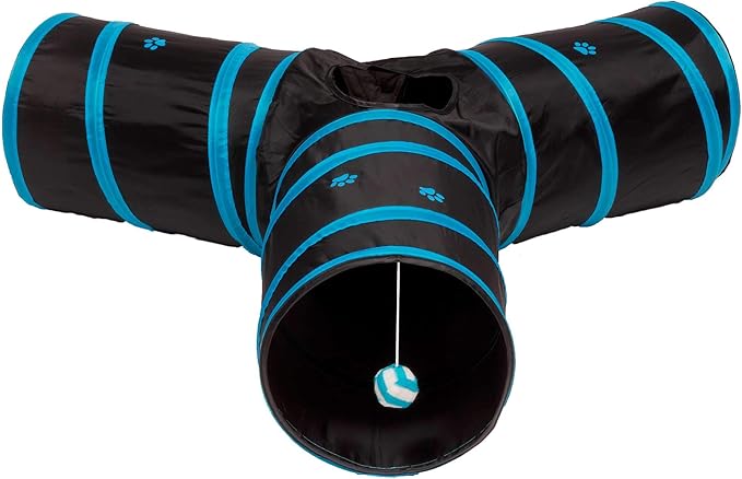 Cat Tunnel - Collapsible 3 Way Play Toy - Tube Fun for Rabbits, Kittens, and Dogs - Black/Aqua