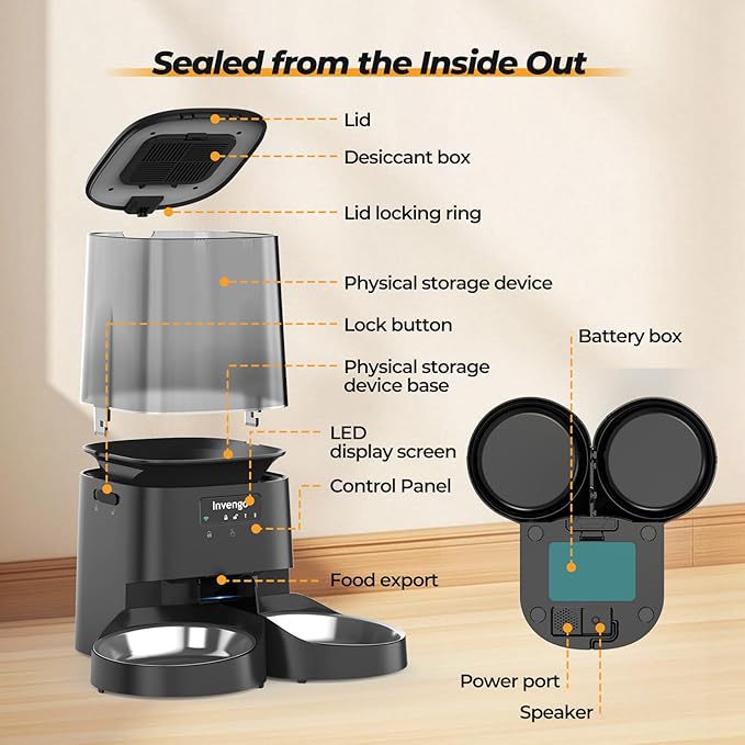 Automatic Cat Feeder with App Control, 5L Food Dispenser for 2 Cats, 2.4/5G WiFi, Dual Power, Programmable Portions, Anti-Jam & Fresh-Lock, Stainless Steel Bowls, Easy to Clean