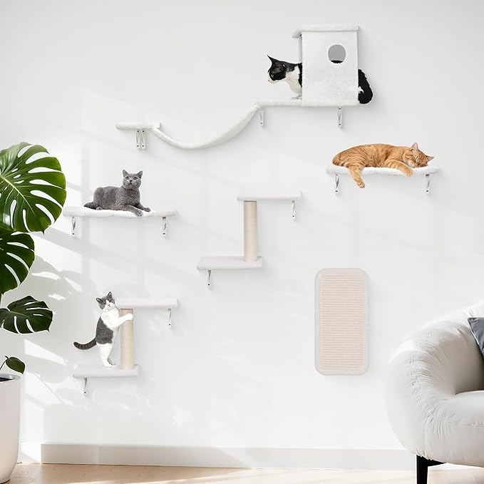 6-in-1 Cat Wall Shelves, Wall-Mounted Cat Furniture for Indoor Kittens, Modern Floating Shelves with Scratching Posts, Bed, Perch, Bridge, Condo, Steps and Scratcher, Space-Saving Gym, White
