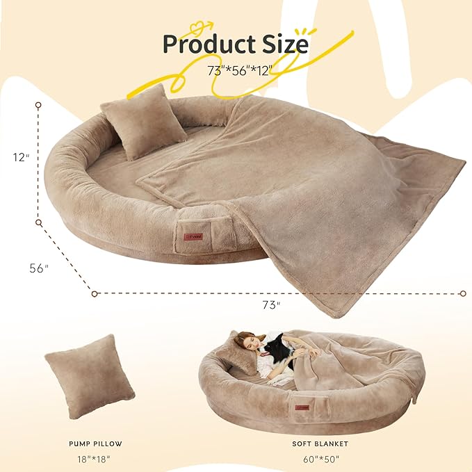 Human Dog Bed for Adults, 73"x56"x12" Washable Orthopedic Size, Faux Fur Removable, Cozy Large Present with Blanket and Pillow, Khaki