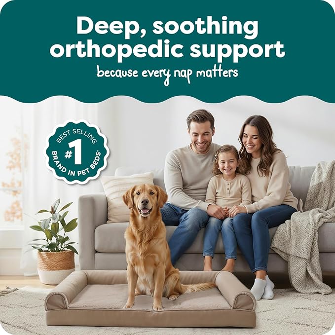 Furhaven Orthopedic Dog Bed for Large Dogs w/ Removable Bolsters & Washable Cover, For Dogs Up to 95 lbs - Luxe Faux Fur & Performance Linen Sofa - Woodsmoke, Jumbo/XL