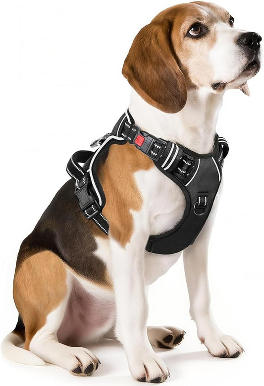 Timos No Pull Dog Harness, Release at Neck Reflective 3 Snap Buckles Adjustable No Choke Pet Vest with Front & Back 2 Leash Clips, Soft Padded Control Training Handle for Small Medium Large Dogs