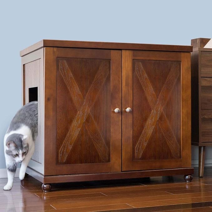 THE REFINED FELINE Cat Litter Box Enclosure Cabinet, Farmhouse, Mahogany Brown, Round Feet, XLarge, Hidden Litter Cat Furniture with Drawer