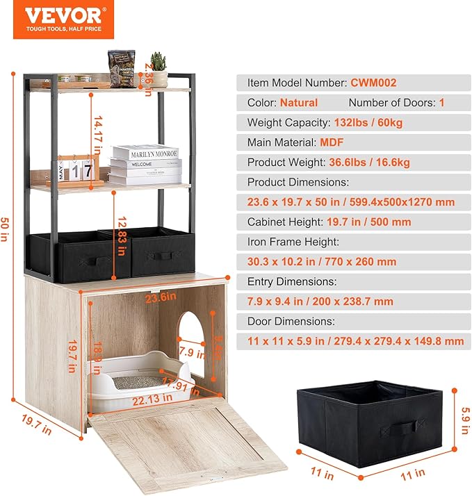 VEVOR Cat Litter Box Enclosure, Hidden Litter Box Furniture with 2 Storage Shelves & 2 Baskets, Wooden Cat Washroom Indoor, Cat House Cabinet Fit Most of Litter Box, 23.6"L x 19.7"W x 50"H, Natural