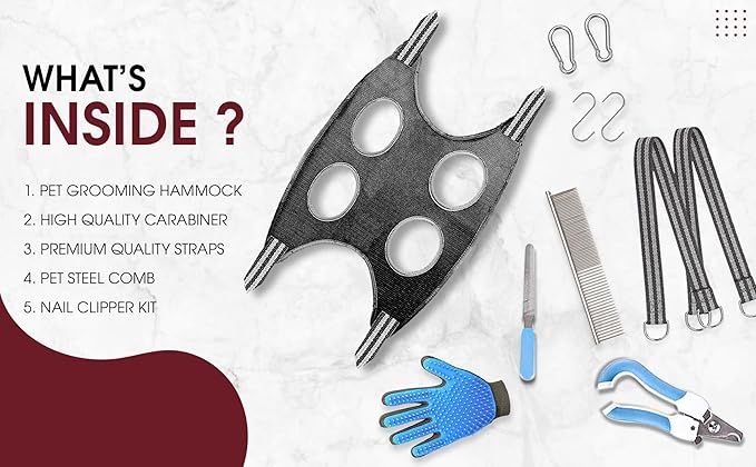 Large Dog Grooming Hammock – Dog Grooming Hammock for Large Dogs up to 60 lbs | Pet Grooming Kit with Brush, Nail Clippers, File & Gloves for Easy at-Home Grooming & Stress-Free Care