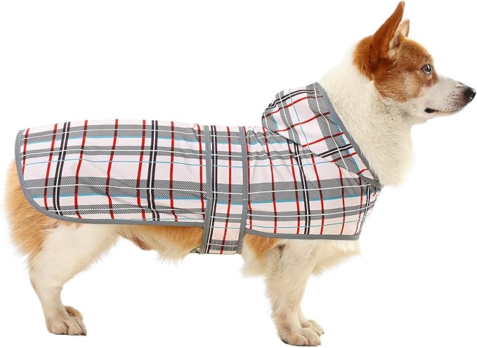 Dog Raincoats for Large Dogs Waterproof Hooded Rain Jacket with Reflective Strips Leash Hole & Poncho Adjustable Fit (Plaid,L)