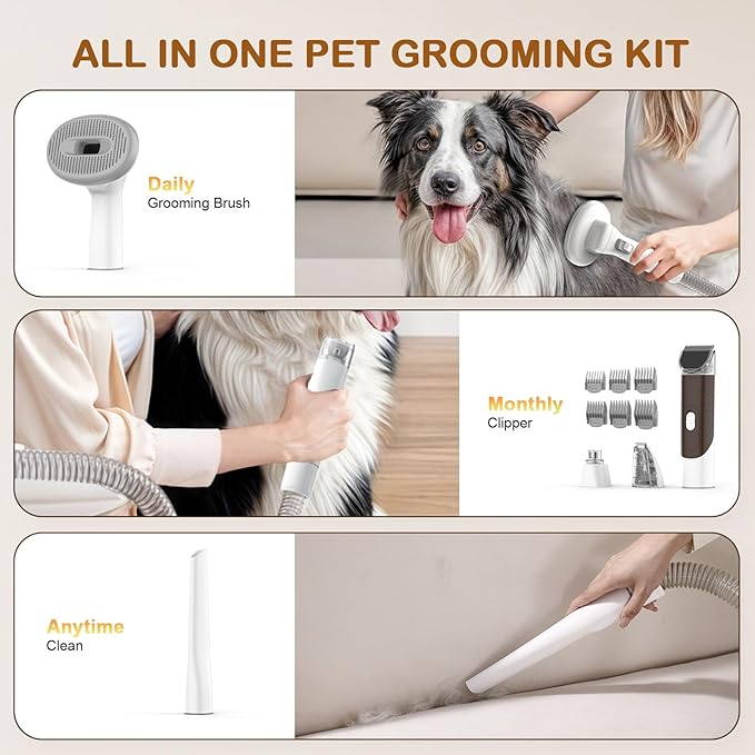 Dog Grooming Vacuum, Dog Grooming Kit with Pet Clipper Nail Grinder, 6 Pet Grooming Tools (Beige)