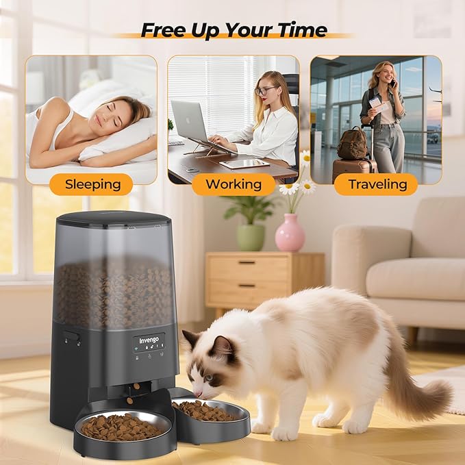 Automatic Cat Feeder with App Control, 5L Food Dispenser for 2 Cats, 2.4/5G WiFi, Dual Power, Programmable Portions, Anti-Jam & Fresh-Lock, Stainless Steel Bowls, Easy to Clean