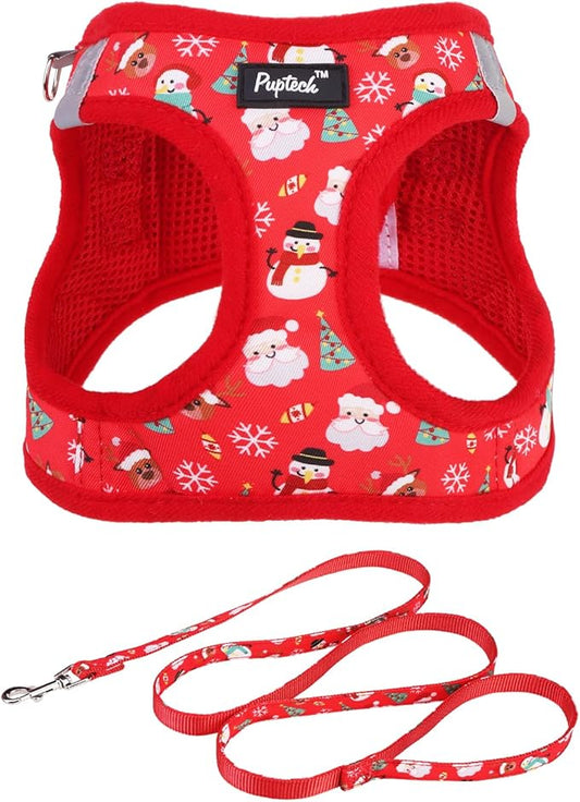 PUPTECK Dog Harness and Leash Set for Small Medium Dogs No Pull Step-in Soft Mesh Puppy Cat Vest Harnesses Reflective at Night, Christmas, M