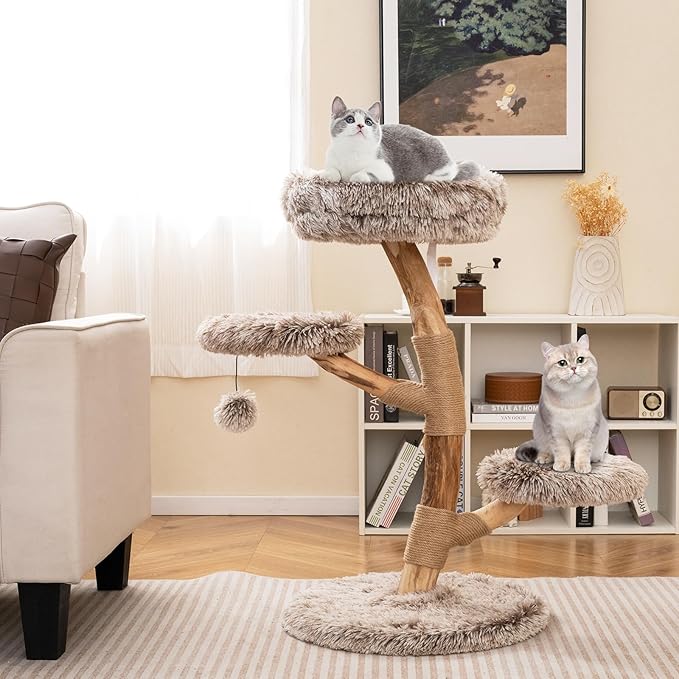 Tangkula Solid Wood Cat Tree, Multi-Level Modern Cat Tower with Scratching Posts, Cozy Top Perch, 2 Platforms, Dangling Ball, Soft Long Plush, Natural Branch Cute Cat Tree for Indoor Kittens