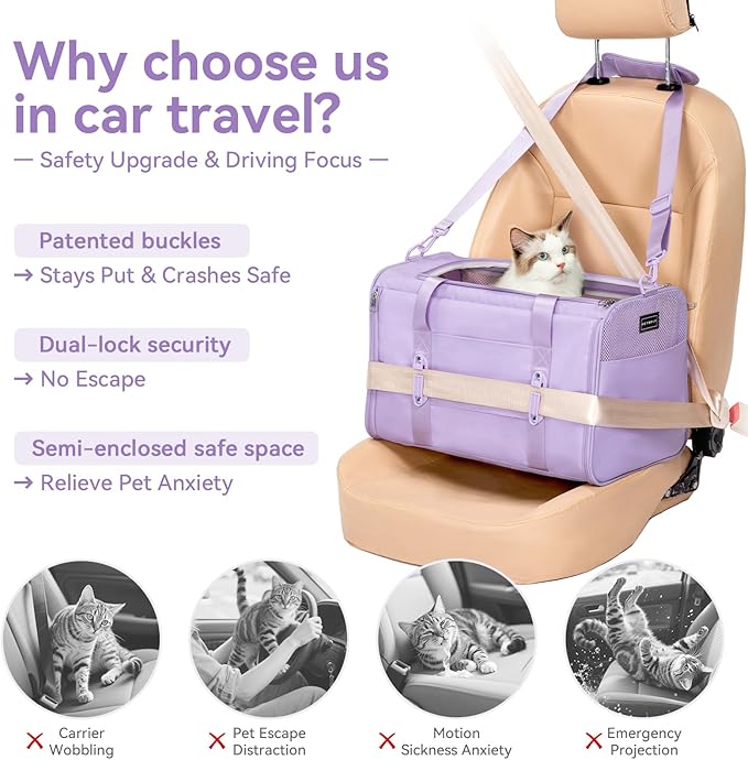PETSFIT Cat Car Carrier for Medium Cats Dogs, 19"x12"x12" Small Dog Carrier, with Patent Safety Buckles and Escape-Proof Zipper - Safeguarding Car Travel, Vet Visit, Outdoor