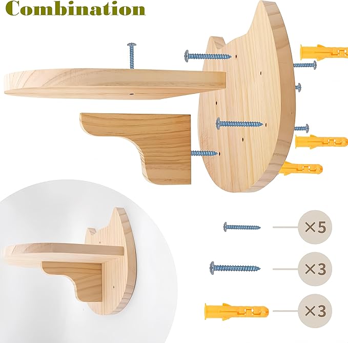 Cat Wall Shelves with 3 Steps - All-in-One Climbing & Resting Furniture, Solid Wood Wide Perch & Hammock for Indoor Cats, Supports up to 25lbs for Small to Large Cats