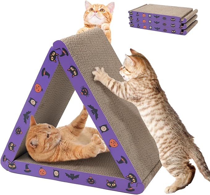 CATISM Cat Scratcher Foldable,Triangle Cat Scratching Board,6 Usable Sides Cat Scratchers for Indoor Cats,Durable Recyclable Cat Scratcher Cardboard Vertical, Orange (Pack of 3) (Purple)