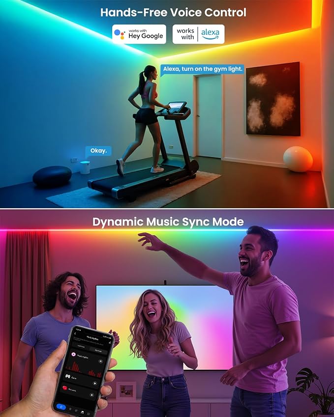 Pak LED Lights for Bedroom 16.4ft, Smart RGB+IC LED Strip Lights with App/Remote Control, Music Sync Color Changing Flexible LED Lights with 64 Scene Modes for Party, Home, Christmas, Halloween Decor