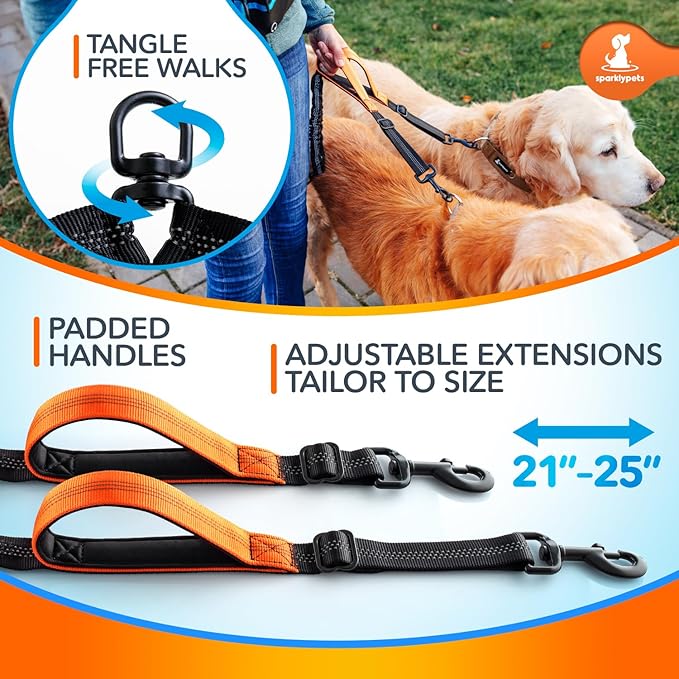 SparklyPets Double Bungee Waist 2 Dog Leash with Back Brace – Dual Dog Leash for Medium/Large Breeds – Running Belt Fanny Pack with Phone, Waste, Treat, and Bottle Pockets