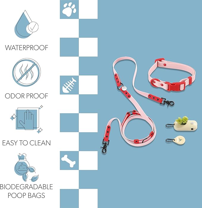 WLK1004G-5SET Luna Small 8FT Adjustable 6-in-1 Waterproof Hands-Free Leash and Collar with LED Flashlight, Bag Dispenser, and Poop Bag Holder, Paloma