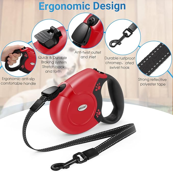 Retractable Dog Leash, 26 Ft Heavy Duty Pet Walking Leash for Small Medium Large Dogs up to 99lbs, Anti-Slip Handle, 360 ° No Tangle, Nylon Tape, One-Handed Brake (Red)