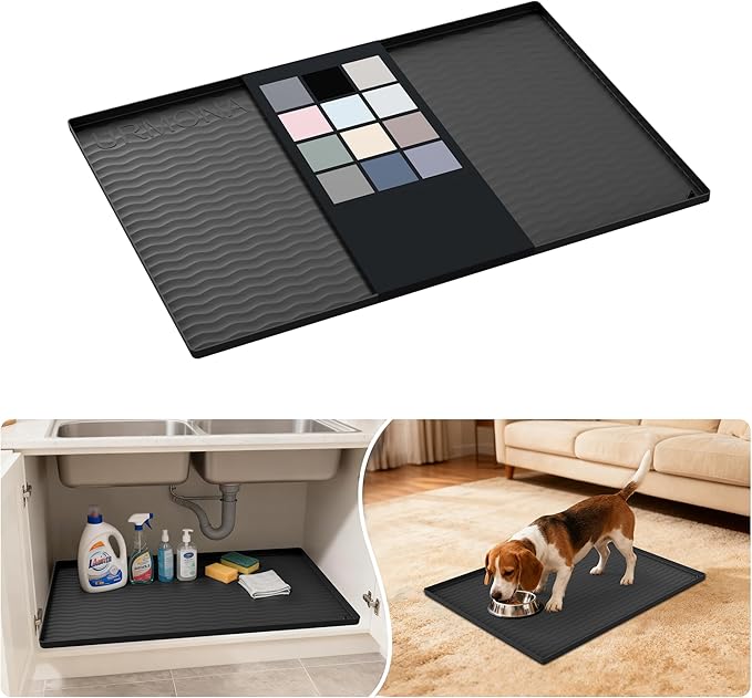 URMONA Waterproof Silicone Under Sink Mat 28'' x 22'' Shelf Liner for Kitchen and Bathroom, Cabinet and Counter Protector, Storage and Organizers, Litter Mat, Pet Cat Puppy Essentials(Black)