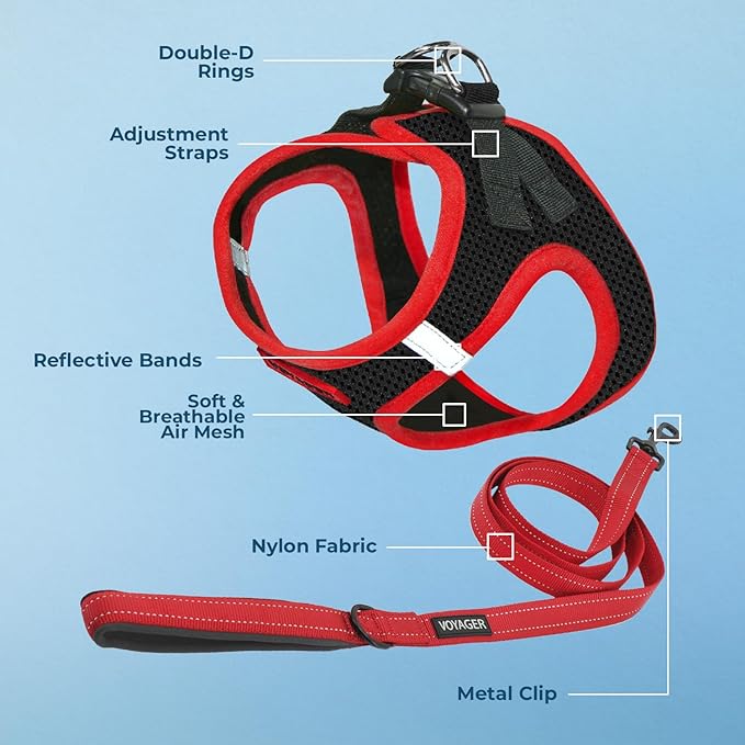 Voyager Step-in Air All Weather Mesh Harness and Reflective Dog 5 ft Leash Combo with Neoprene Handle, for Small, Medium and Large Breed Puppies by Best Pet Supplies - Red Trim, XS