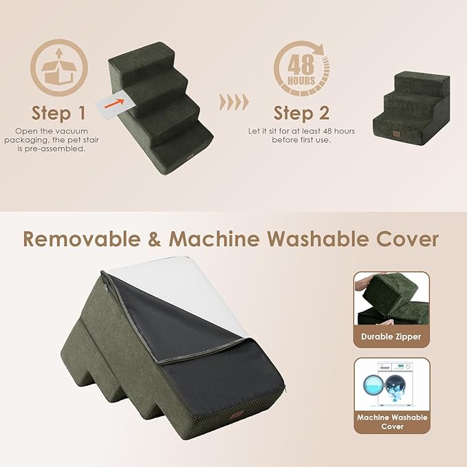 EHEYCIGA Dog Stairs for Small Dogs 13.5" H, 3-Step Dog Steps for Couch Sofa and Chair, Pet Steps for Medium Cats, Non-Slip Balanced Pet Ramp Indoor, Military Green