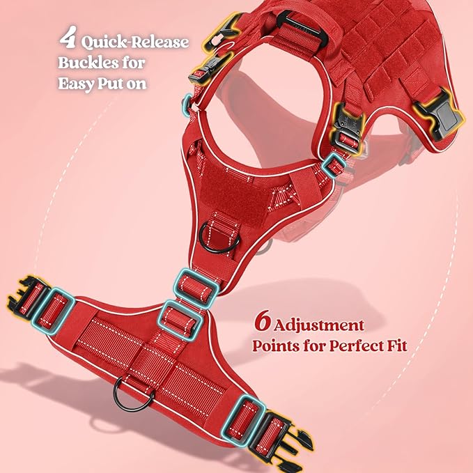 rabbitgoo Tactical Dog Harness Small Sized, No Pull Upgraded Reflective Heavy Duty Molle Vest with Handle, Adjustable Military Service Dog Vest for Walking Hiking Training, Red, S
