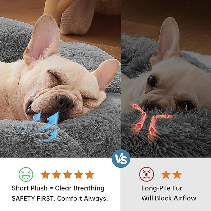 OhGeni 27 inches Calming Donut Dog & Cat Bed for Medium Pets, Warming Comfort Fluffy Short Pile Fur, Durable Machine Washable Round Bed, Cute Round Bed for Puppy and Kitten, Dark Gray