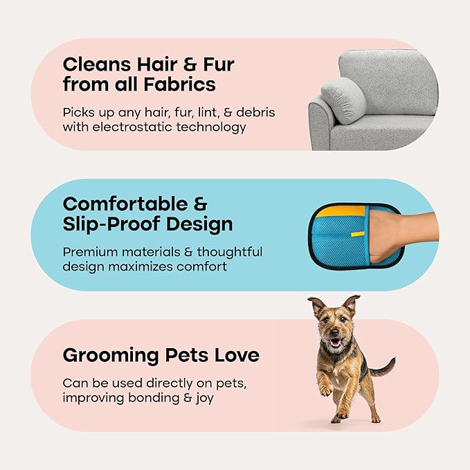 Uproot Clean Pet Hair Removal Tool Glove for Cats & Dogs: Infinitely-Reusable Electrostatic Pet Hair Remover Glove for Any Fabric - Cleans Furniture, Clothes, Car Upholstery, & More