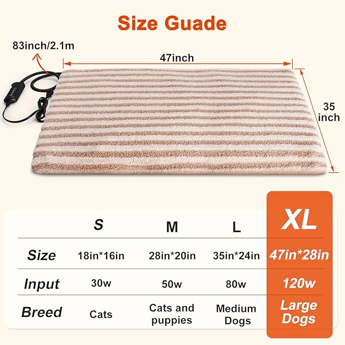 Large Pet Heating Pad, Waterproof Heated Dog Cat Bed with 11 Adjustable Temperatures & 24H Timer, Auto Shut-Off, Chew-Resistant Cord, Washable Cover, Indoor Electric Heating Mat, Beige, XL(47" x 28")