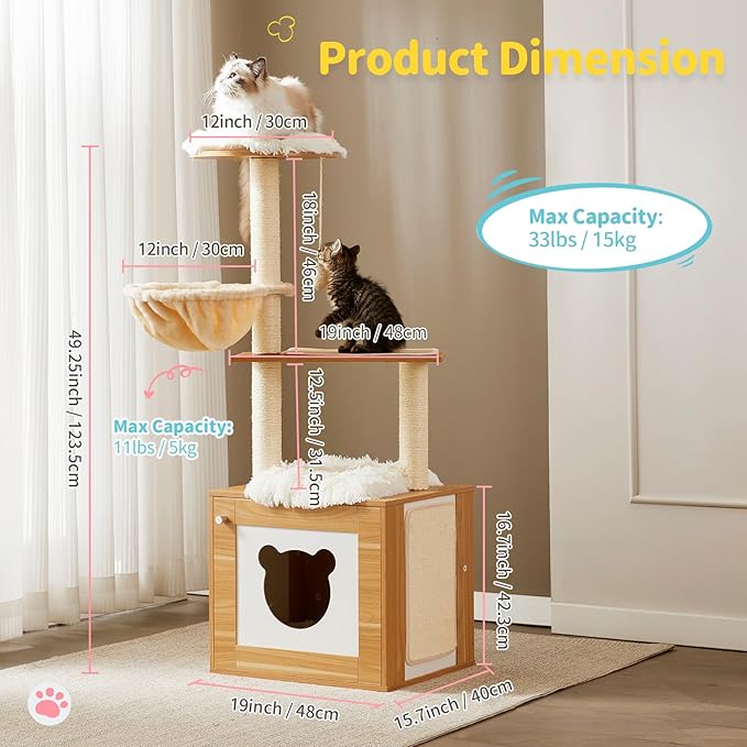 Made4Pets Cat Tree with Litter Box Enclosure, 2-in-1 Modern Cat Tower for Indoor Cats, 48.6" Wood Kitten Condo with Scratching Post and Hammock, Removable Scratch Pad for Large Cats
