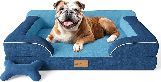 Dog Beds for Large Dogs, Orthopedic Dog Bed with Cooling Gel Memory Foam, Waterproof Large Pet Bed with Removable Washable Cover, 36" Pet Sofa Couch Dutch Velvet with Bone Toy, Navy Blue