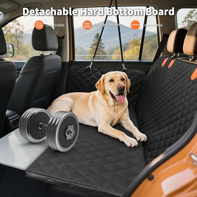 HOTEAGLE Dog Seat Covers for Back Seat, Hard Bottom Back Seat Extender for Dogs, 600D Upgraded Material Waterproof and Comfortable with 400lbs Holds, Ideal for Car Trips and Outdoor Adventures（Black）