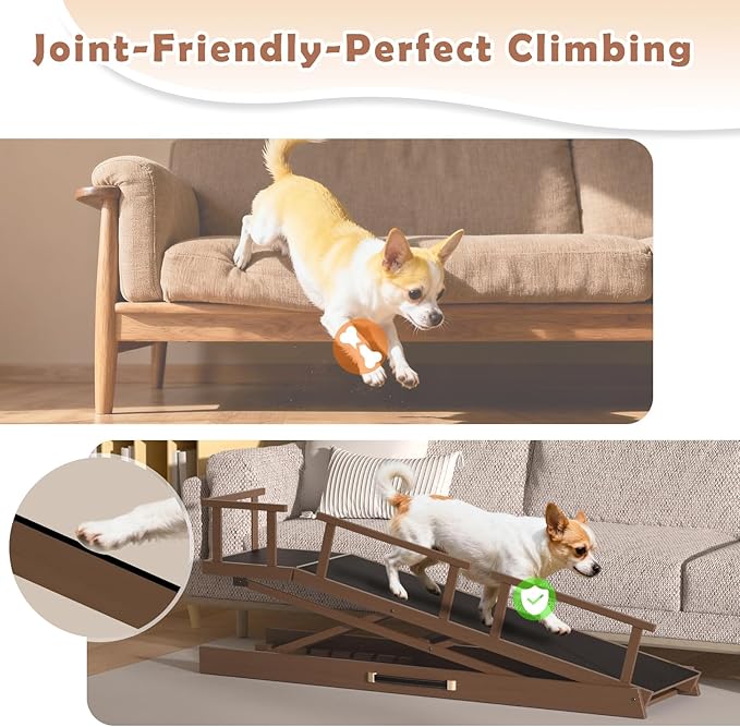 65" Foldable Dog Ramp for Bed, 6 Level（13"-32"） Heavy Duty Adjustable Dog Ramp for Car Pet Ramp with EVA Non-Slip Surface, Rest Platform & Glow Strips for Large Dogs up to 200Lbs (Brown)