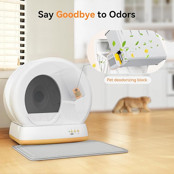 MeoWant Automatic Cat Litter Box，Extra Large Self Cleaning Litter Box for Multiple Cats, App Control, Odor Free, Safety Protection with Trash Bags, Yellow