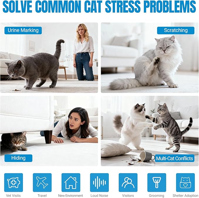 Cat Calming Pheromone Diffuser - Stops Urine Marking & Scratching, Reduce Fighting Spraying Cat Calming Diffuser, Drug-Free Formula for Anxious Cats, 1 Diffuser + 2 Refills Last 60 Days