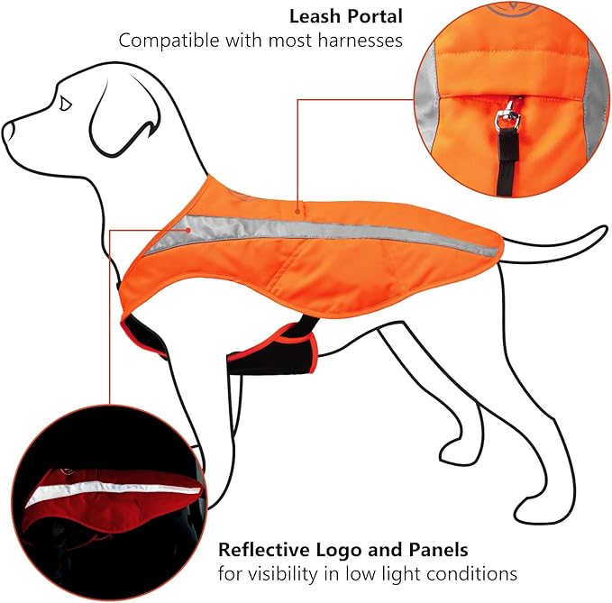 BASSDASH Dog Insulated Coat Safety Vest Water Resistant Chest Protection Reflective High Visibility for Hunting Outdoor