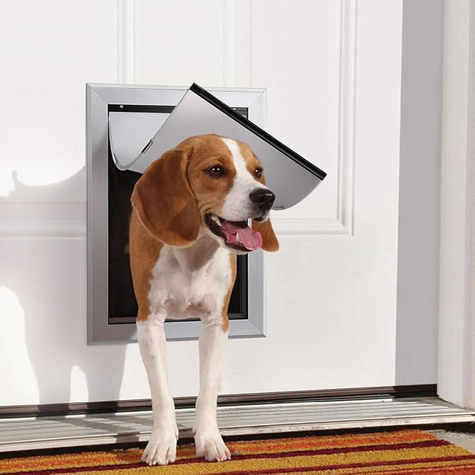 Ownpets Aluminum Large Dog Door, Pet Door with Magnetic Flap and Lockable Sliding Panel, Heavy Duty Doggy Door for Dogs Up to 100lbs(Silver)