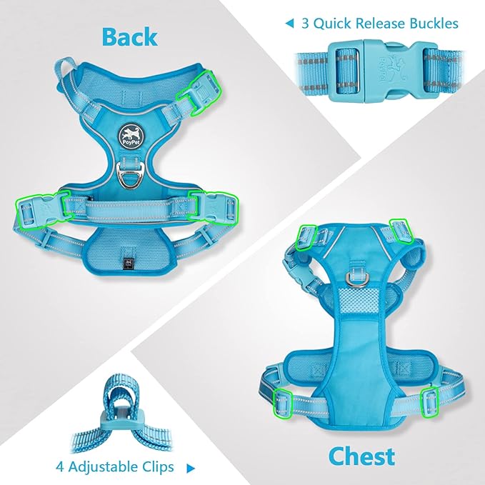 PoyPet No Pull Dog Harness, No Choke Reflective Dog Vest, Adjustable Pet Harnesses with Easy Control Padded Handle for Small Medium Large Dogs(Blue,XL)