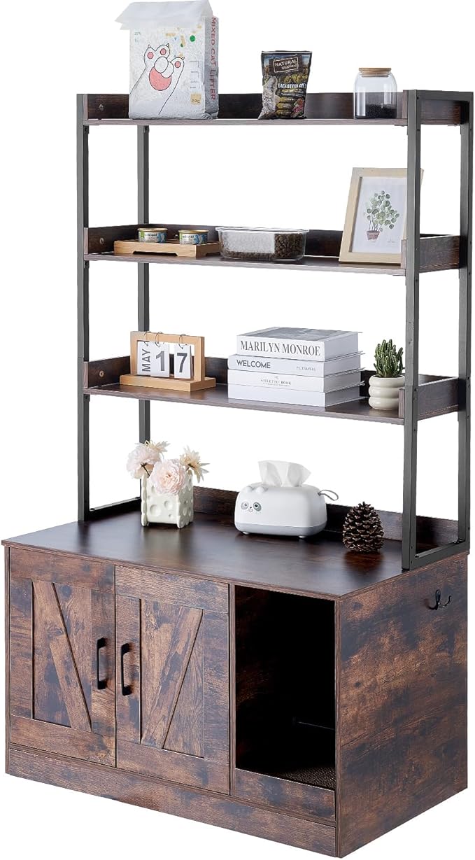 VEVOR Cat Litter Box Enclosure, Hidden Litter Box Furniture with 3 Storage Shelves, Wooden Cat Washroom Indoor, Large Cat House Cabinet Hidden Fit Most Litter Box, 33.5"L x 19.3"W x 58.7"H, Dark Brown