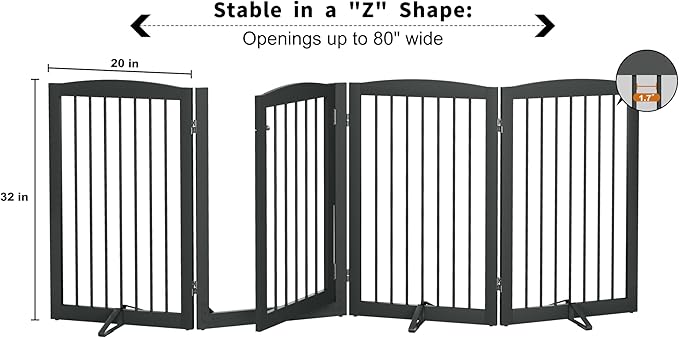 Freestanding Dog Gates with Door Walk Through, Pet Gate for Stairs, 80 inch Wide Gates Indoor, Dog Fences Indoor, Support Feet Included, 4 Panels, 32" Tall, Grey