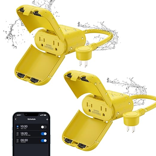 ELEGRP Outdoor Smart Dimmer Plug Waterproof IP66, Smart WiFi Plug with 2 Individually Sockets, Compatible with Alexa & Google Assistant, Outdoor Dimmer for String Lights, UL Listed, 2 Pack, Yellow