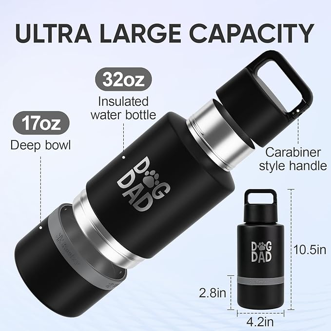 Dog Dad Gift, Insulated Dog Water Bottle with Travel Bowl, for DogLover, Portable Water Bottle Dispenser, Accessories for Car, Hiking, Camping, Outdoor, Leak-Proof, Detachable (DogDad-Black)