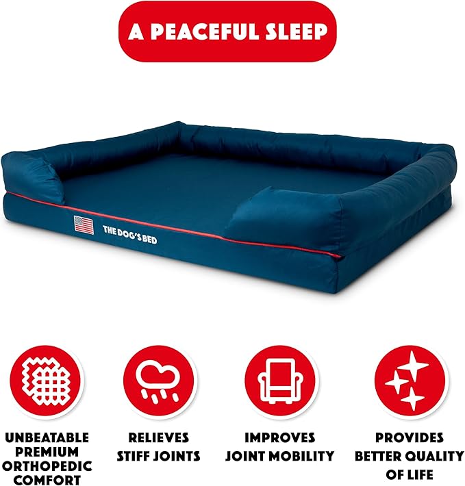 The Dog’s Bed, XXL Blue Oxford with Red Trim USA Flag Dog Bed, Memory Foam, Pain Relief: Arthritis, Post Surgery, Lameness, Supportive, Calming, Waterproof Washable Cover, Veterinary Approved
